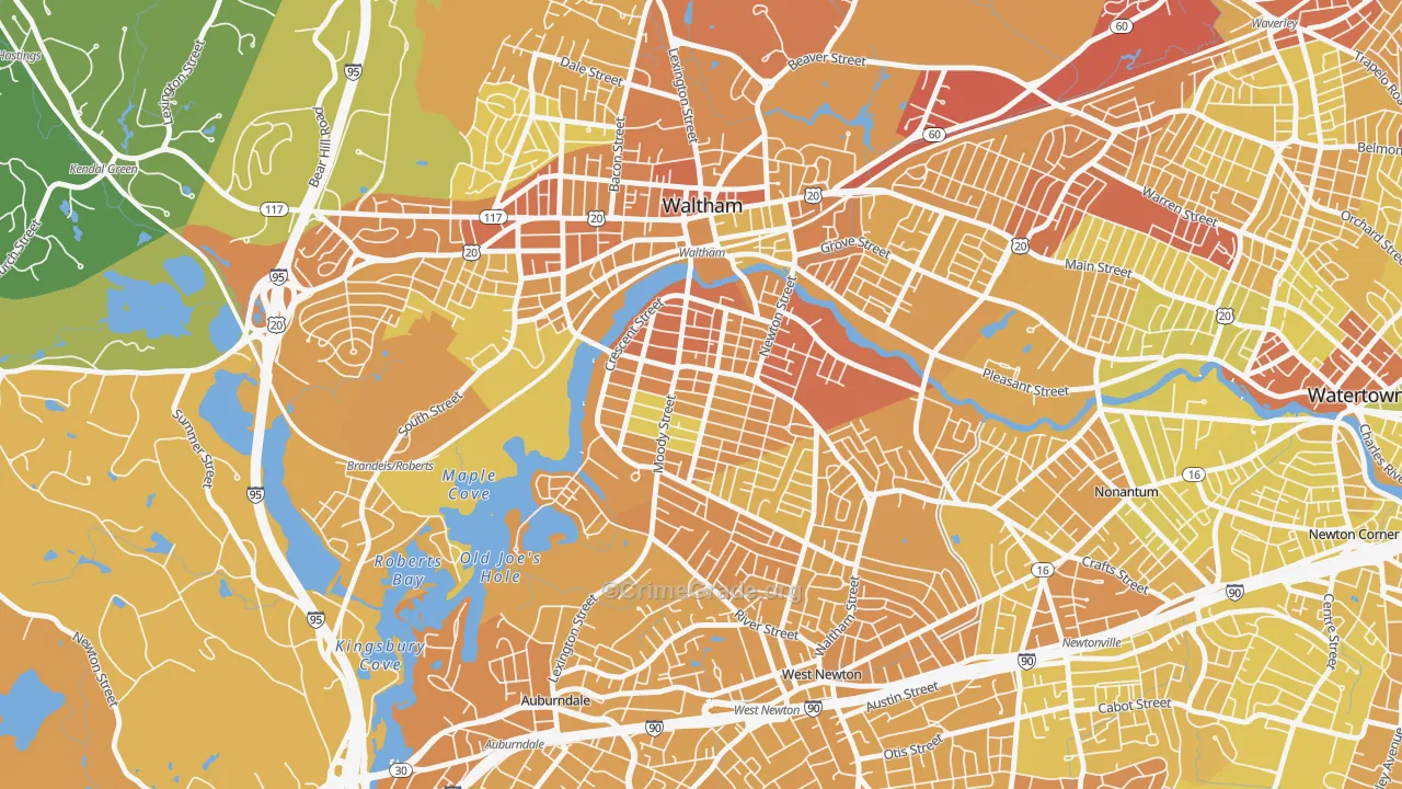 South Side, Waltham, MA Map of Vehicle Theft Rates