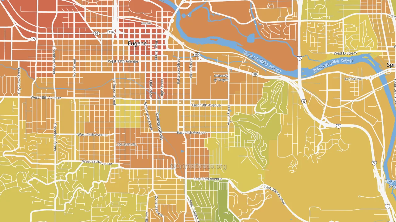 South University, Eugene, OR Map of Vehicle Theft Rates
