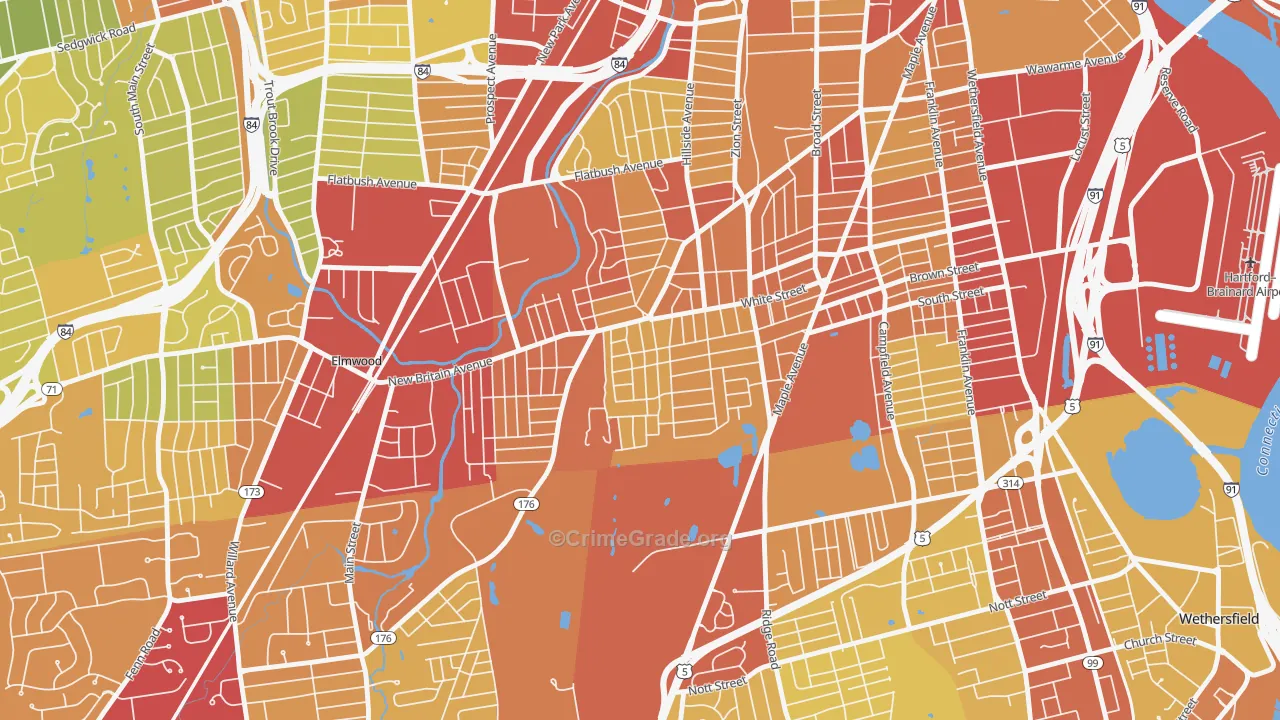 South West, Hartford, CT Map of Vehicle Theft Rates