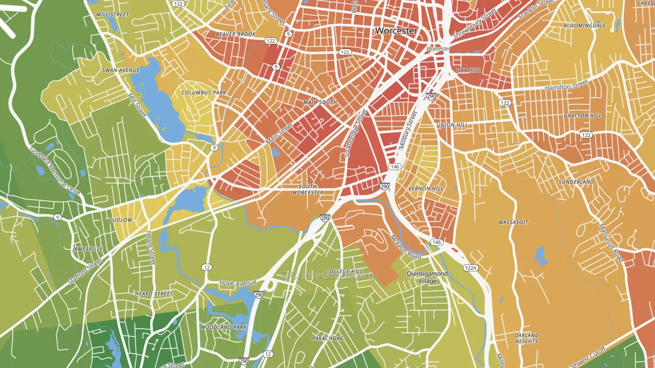 South Worcester, Worcester, MA Map of Vehicle Theft Rates