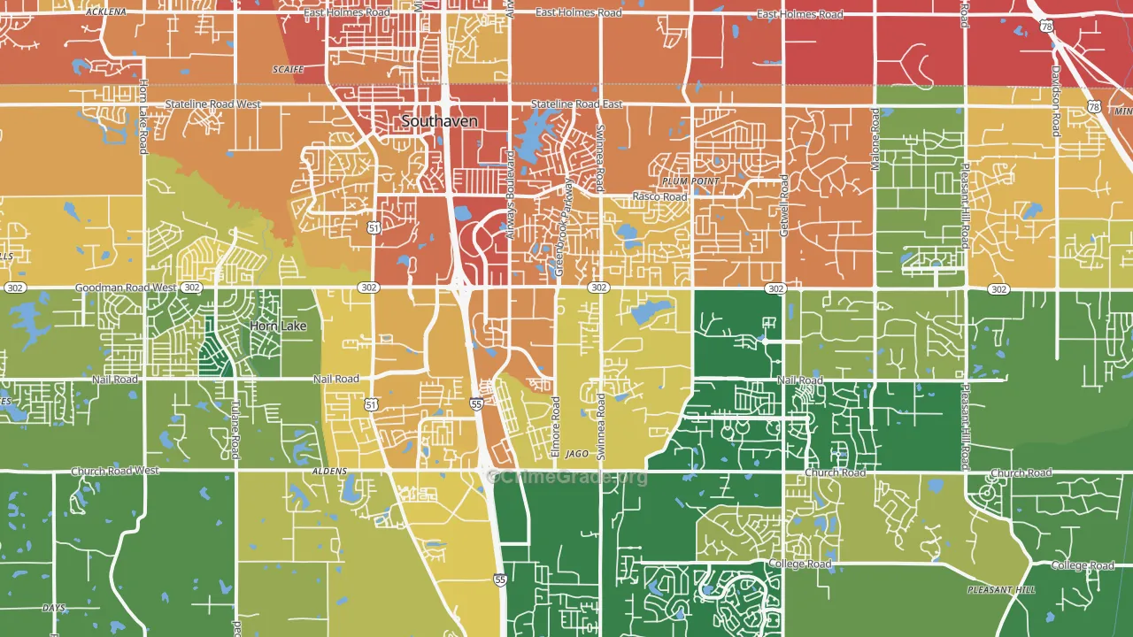 Southaven, MS Map of Vehicle Theft Rates