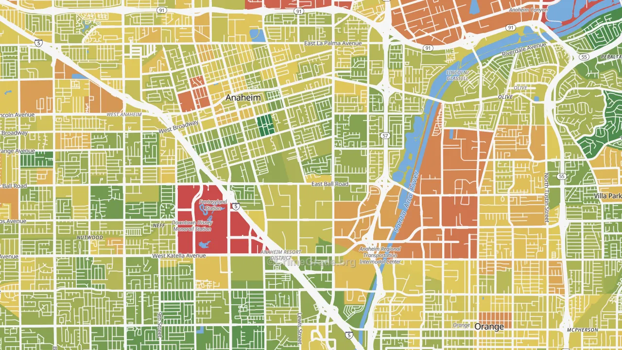 Southeast, Anaheim, CA Map of Vehicle Theft Rates
