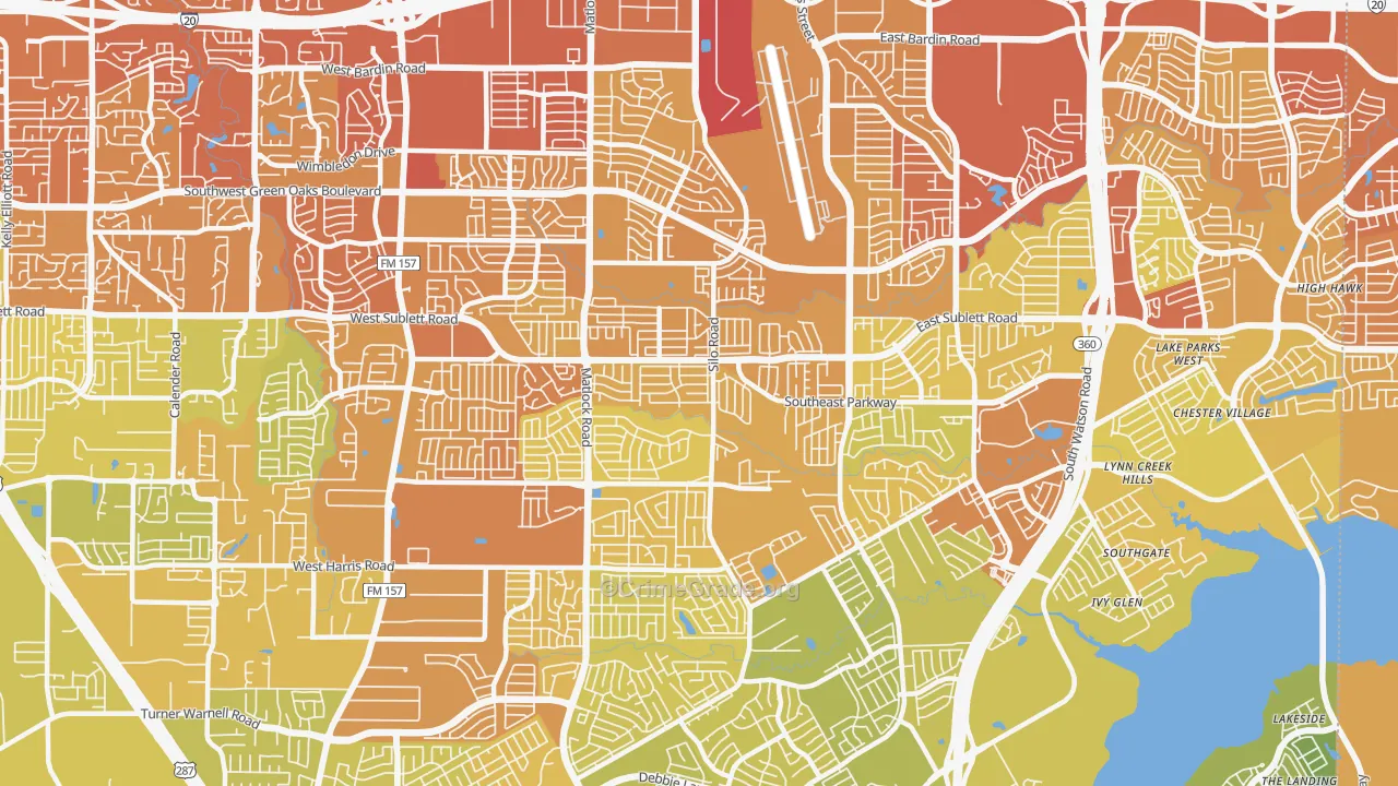 Southeast Arlington, Arlington, TX Map of Vehicle Theft Rates