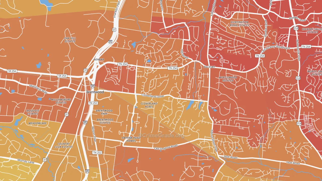 Southeast, Brentwood, TN Map of Vehicle Theft Rates