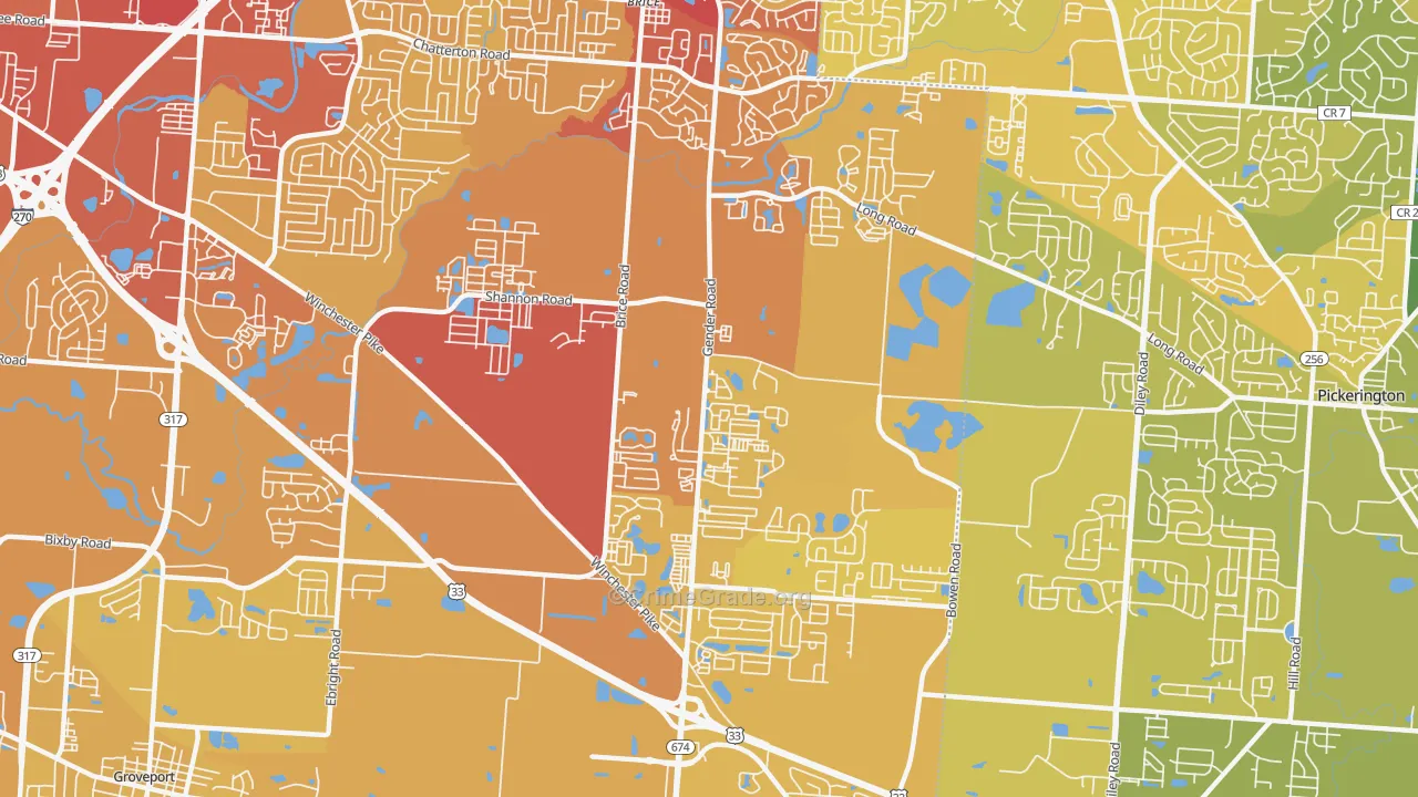 Southeast, Canal Winchester, OH Map of Vehicle Theft Rates