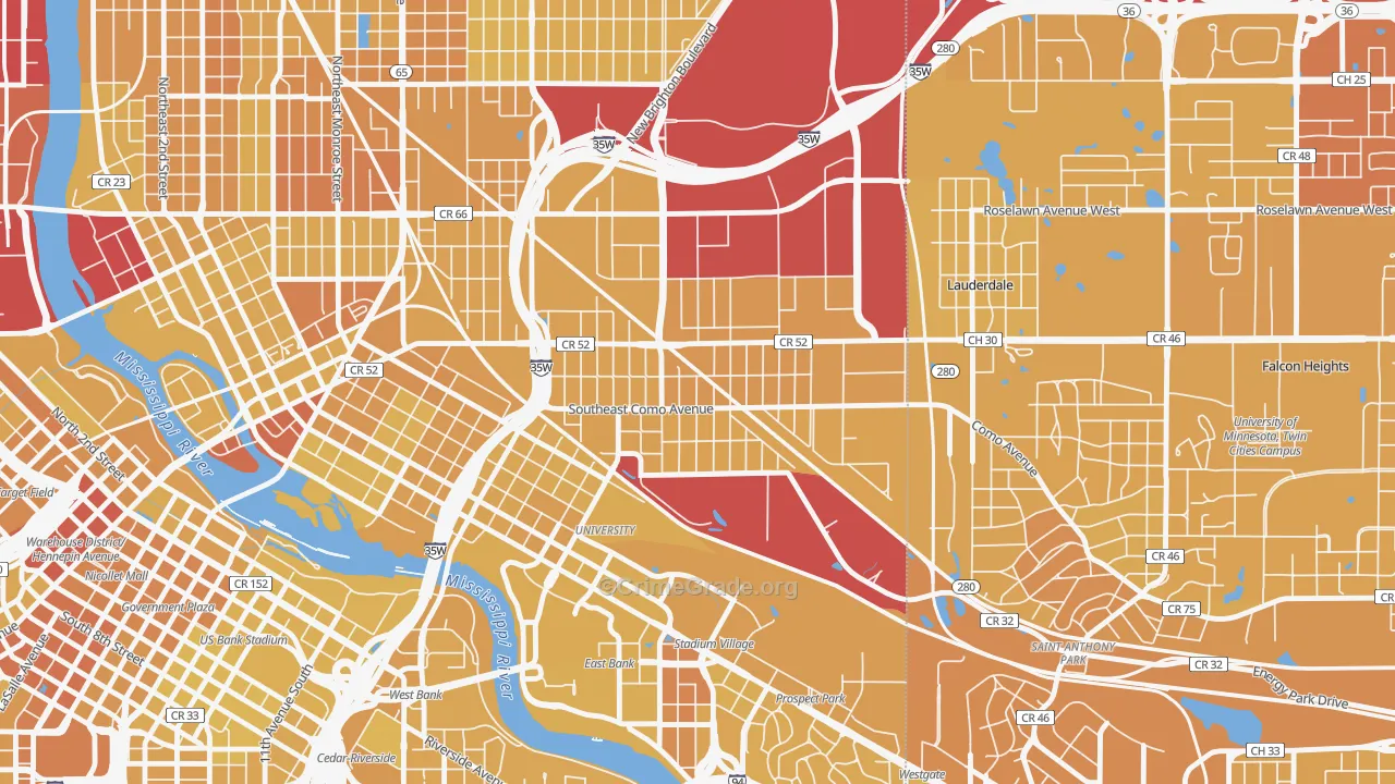 Southeast Como, Minneapolis, MN Map of Vehicle Theft Rates