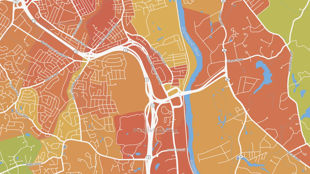 Southeast Nashua, Nashua, NH Map of Vehicle Theft Rates