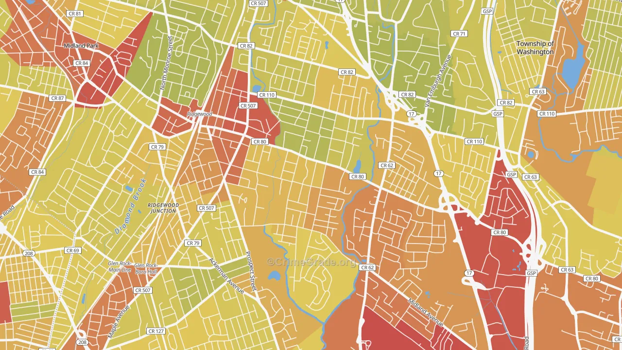 Southeast Ridgewood, Ridgewood, NJ Map of Vehicle Theft Rates