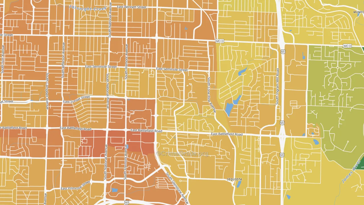 Southeast Springfield, Springfield, MO Map of Vehicle Theft Rates