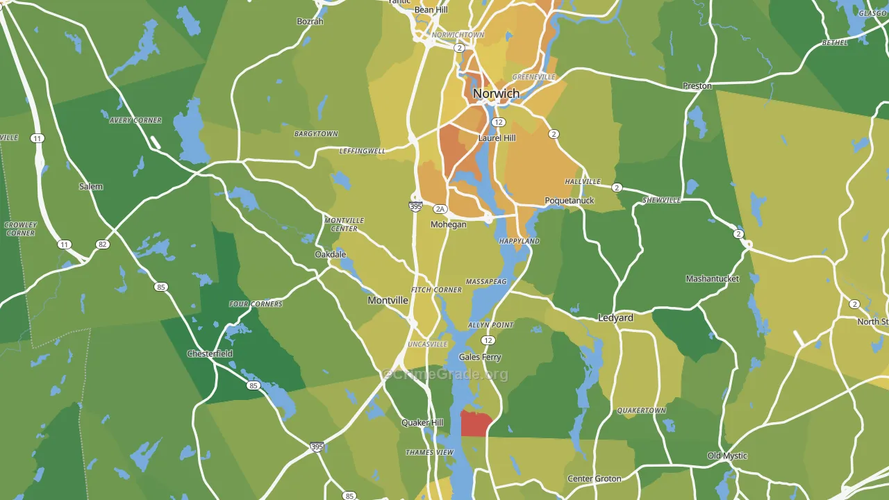 Southeastern Connecticut Planning Region, CT Map of Vehicle Theft Rates