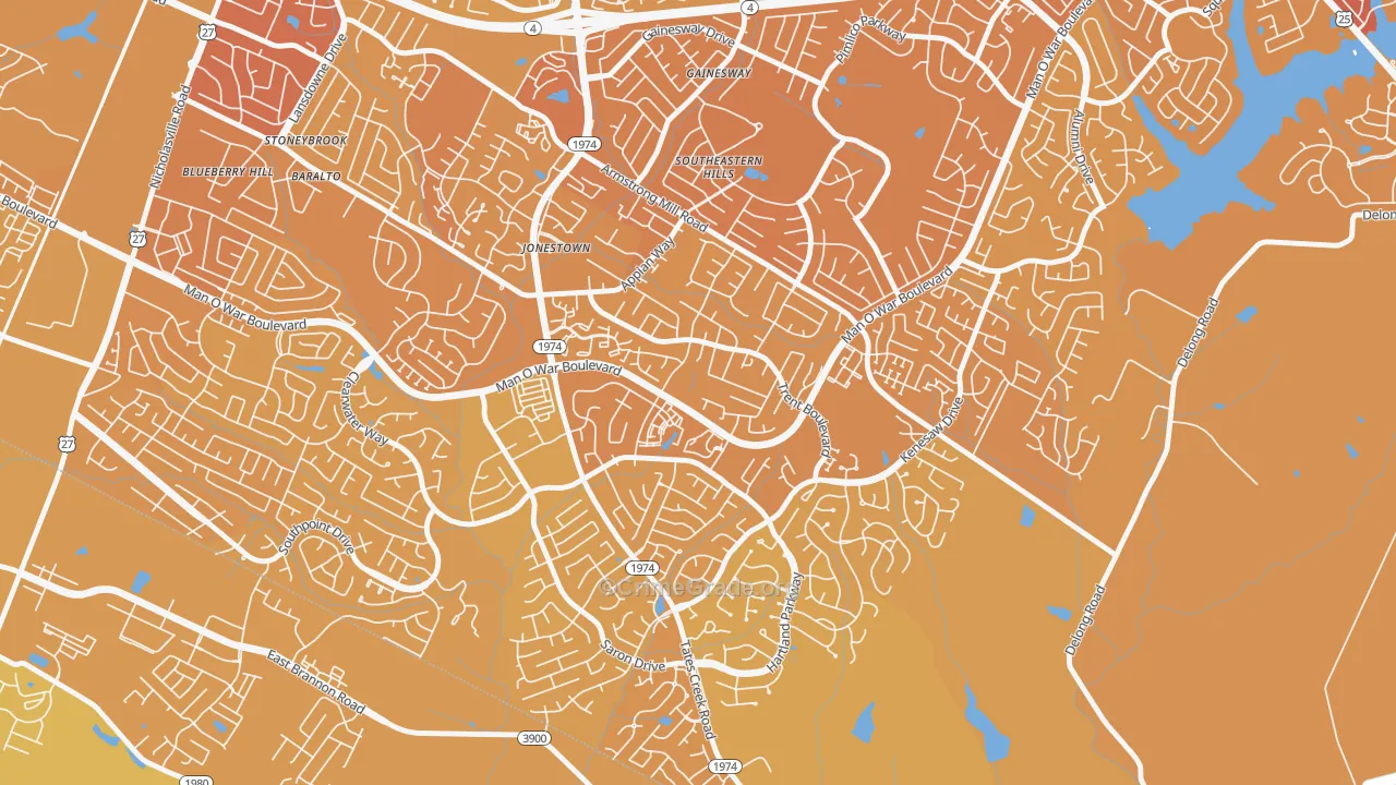Southeastern Hills, Lexington, KY Map of Vehicle Theft Rates