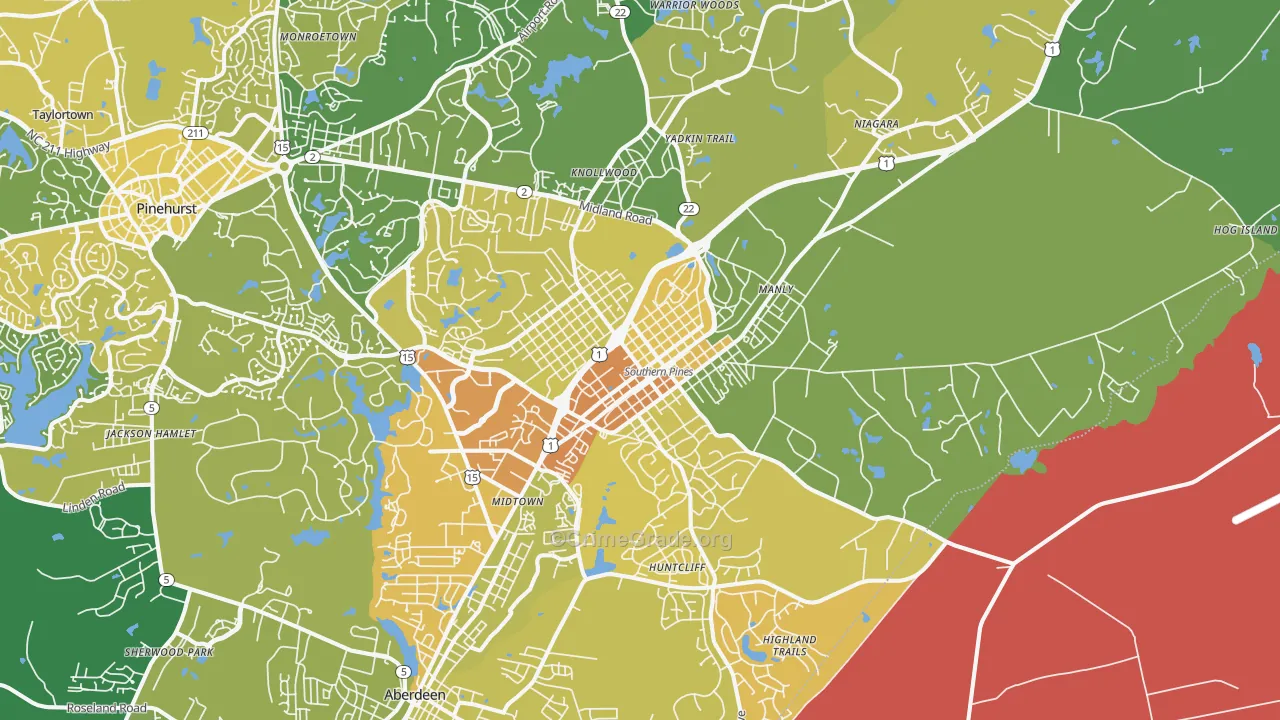 Southern Pines, NC Map of Vehicle Theft Rates