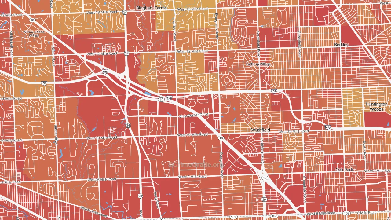 Southfield, MI Map of Vehicle Theft Rates