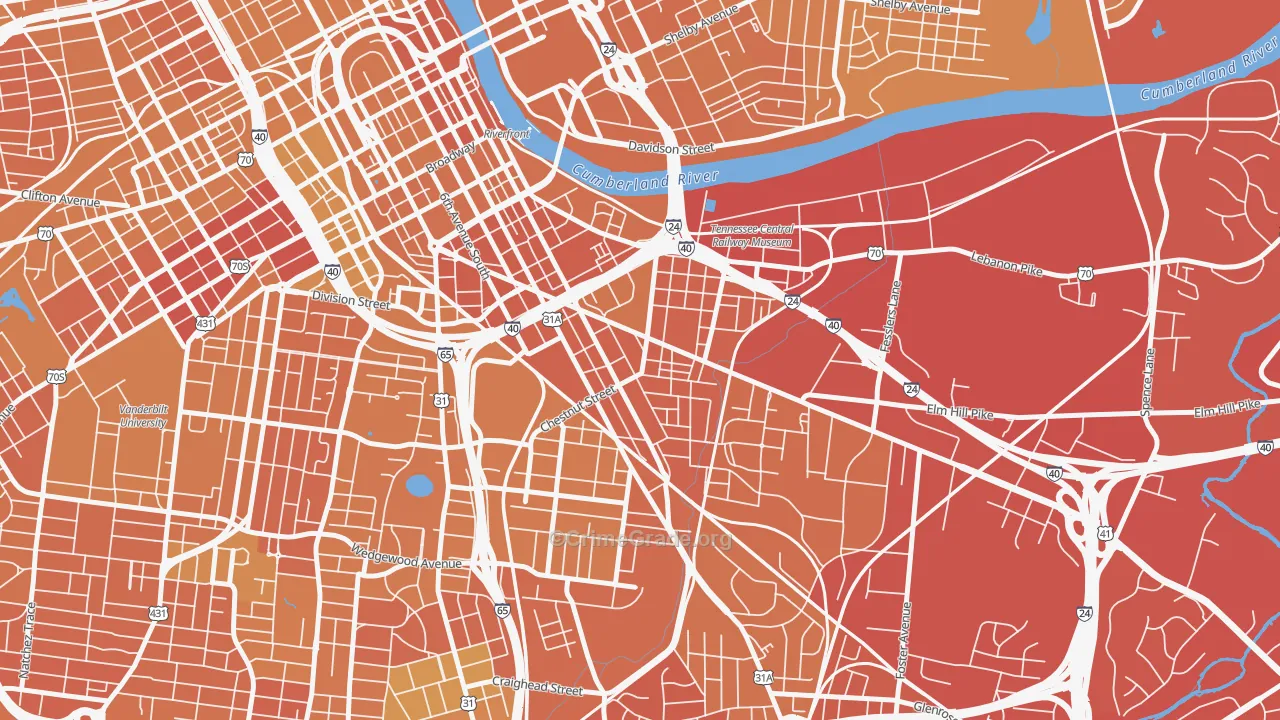 Southside, Nashville, TN Map of Vehicle Theft Rates