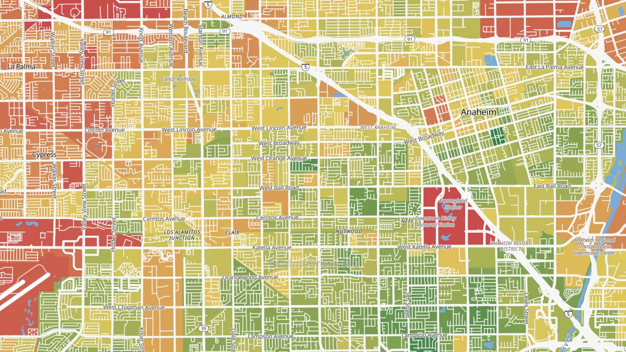 SouthWest Anaheim, Anaheim, CA Map of Vehicle Theft Rates