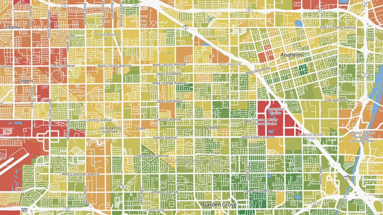 Southwest, Anaheim, CA Map of Vehicle Theft Rates