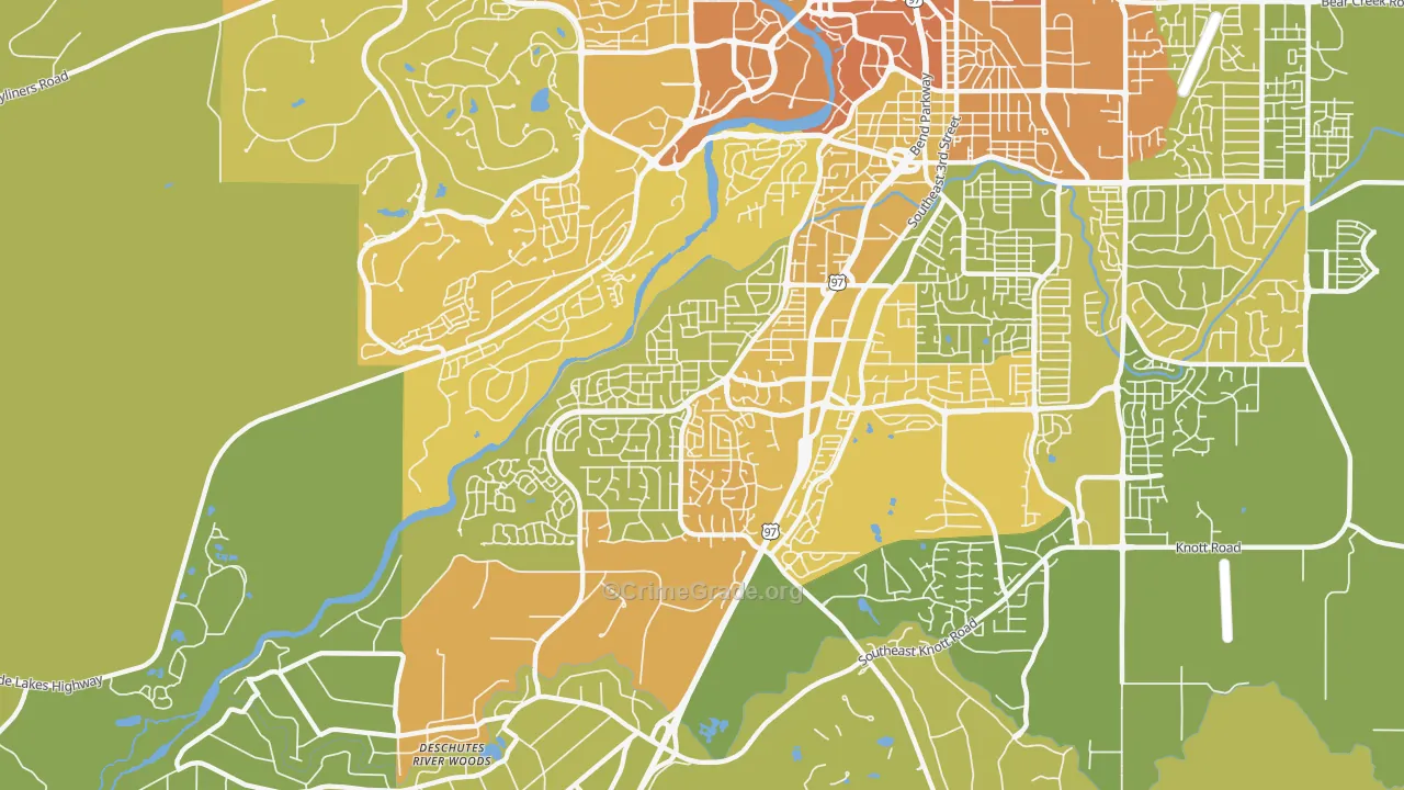 Southwest Bend, Bend, OR Map of Vehicle Theft Rates