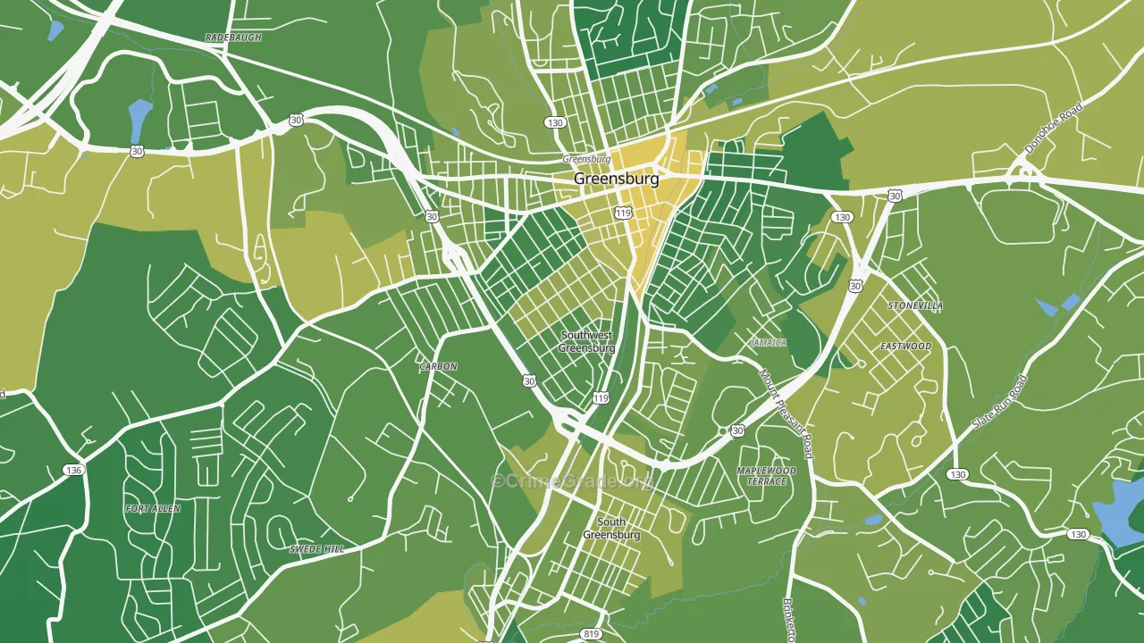 Southwest Greensburg, PA Map of Vehicle Theft Rates