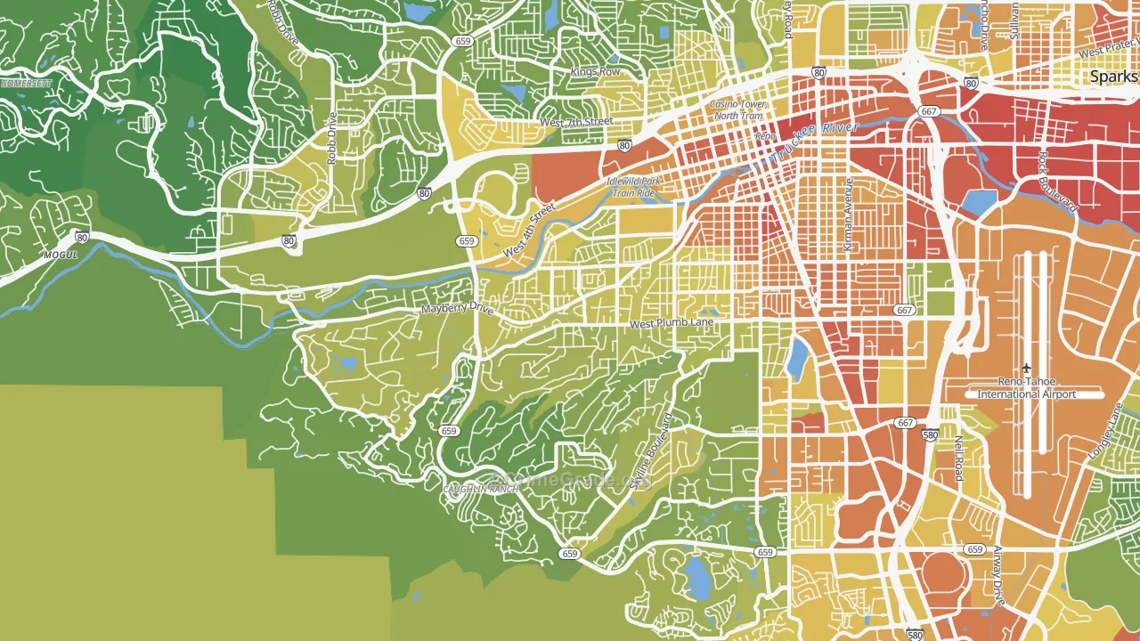 Southwest, Reno, NV Map of Vehicle Theft Rates