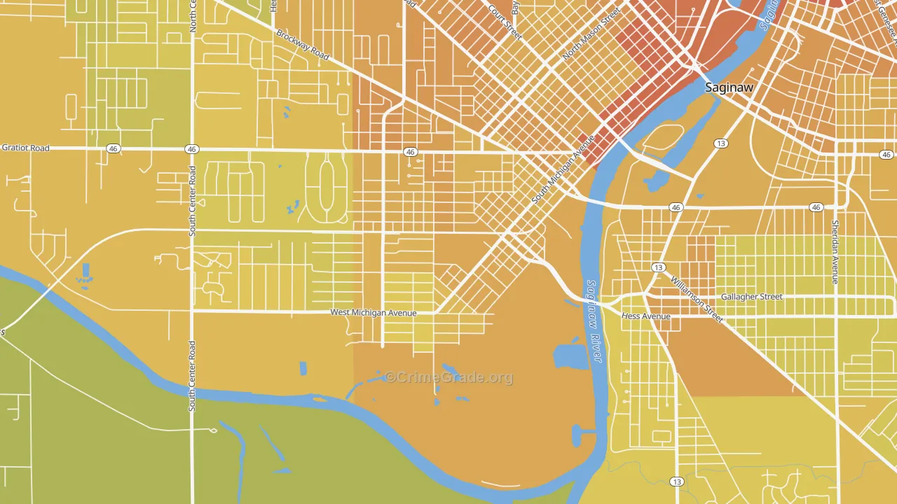 Southwest Saginaw, Saginaw, MI Map of Vehicle Theft Rates