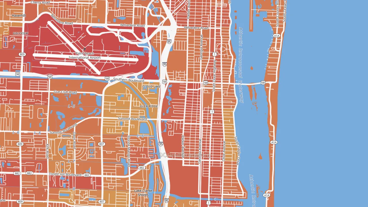 Southwest, West Palm Beach, FL Map of Vehicle Theft Rates