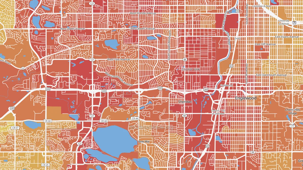 Southwestern Denver, Denver, CO Map of Vehicle Theft Rates
