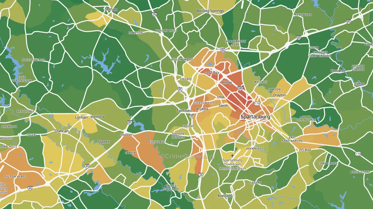 Spartanburg County, SC Map of Vehicle Theft Rates
