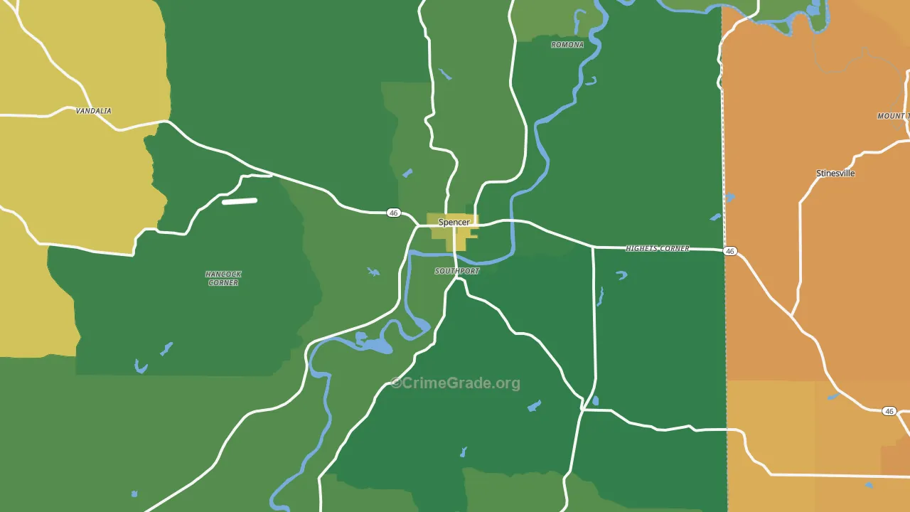 Spencer, IN Map of Vehicle Theft Rates