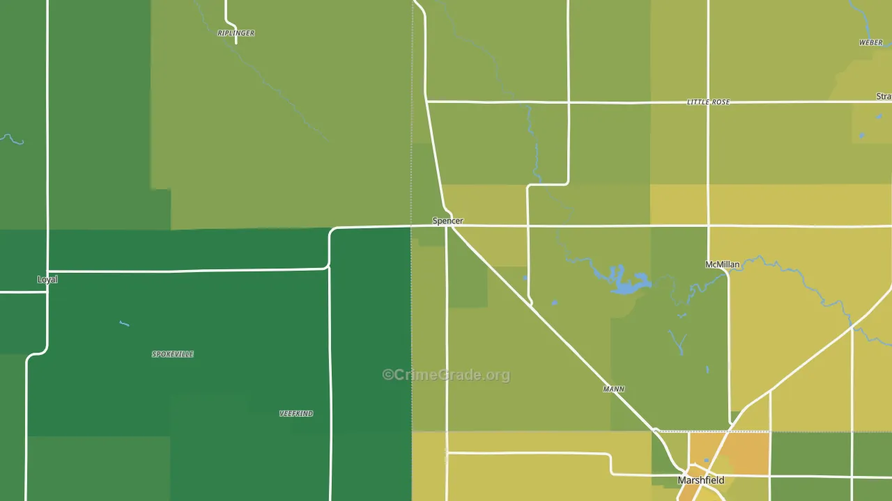 Spencer, WI Map of Vehicle Theft Rates