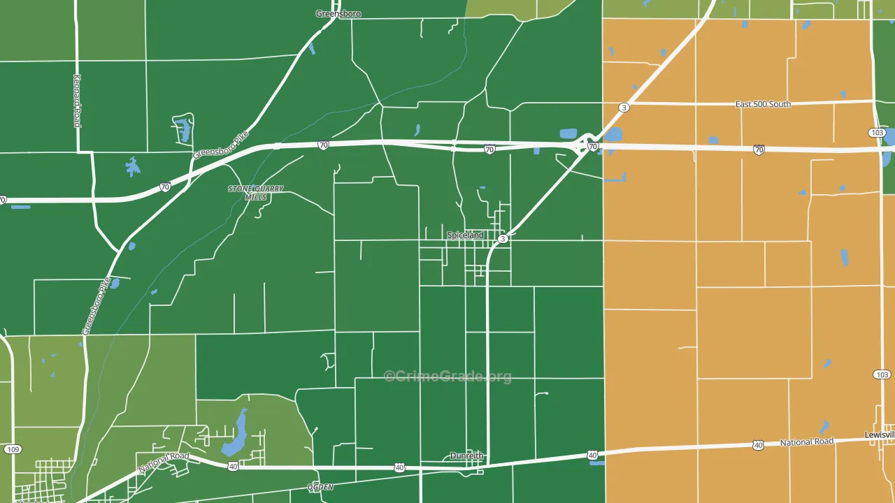 Spiceland, IN Map of Vehicle Theft Rates
