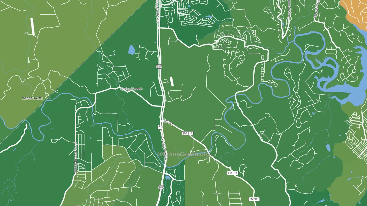 Spring Branch, TX Map of Vehicle Theft Rates