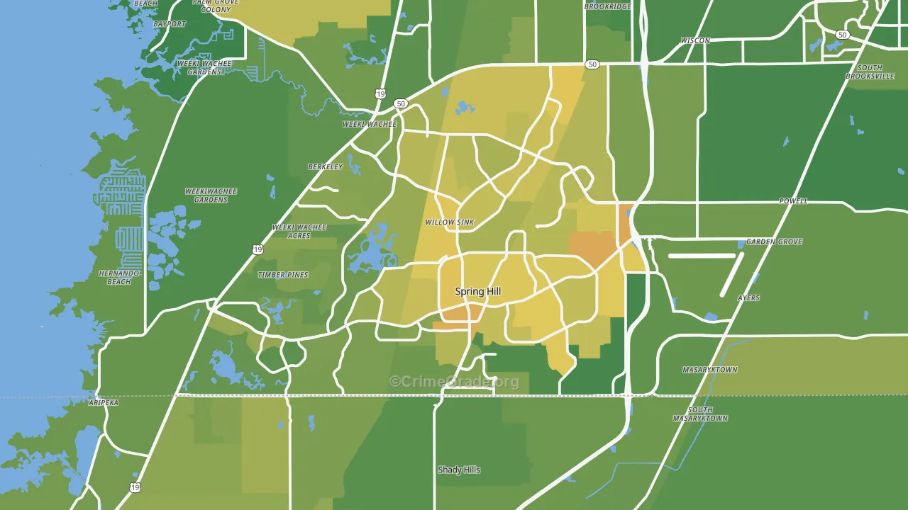 Spring Hill, FL Map of Vehicle Theft Rates
