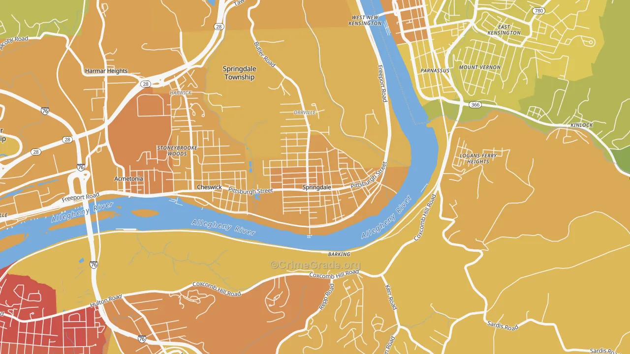 Springdale, PA Map of Vehicle Theft Rates