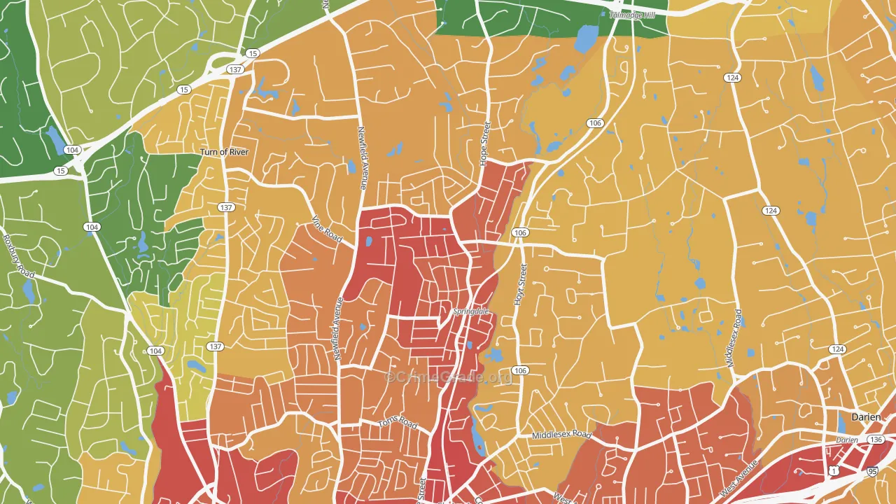 Springdale, Stamford, CT Map of Vehicle Theft Rates