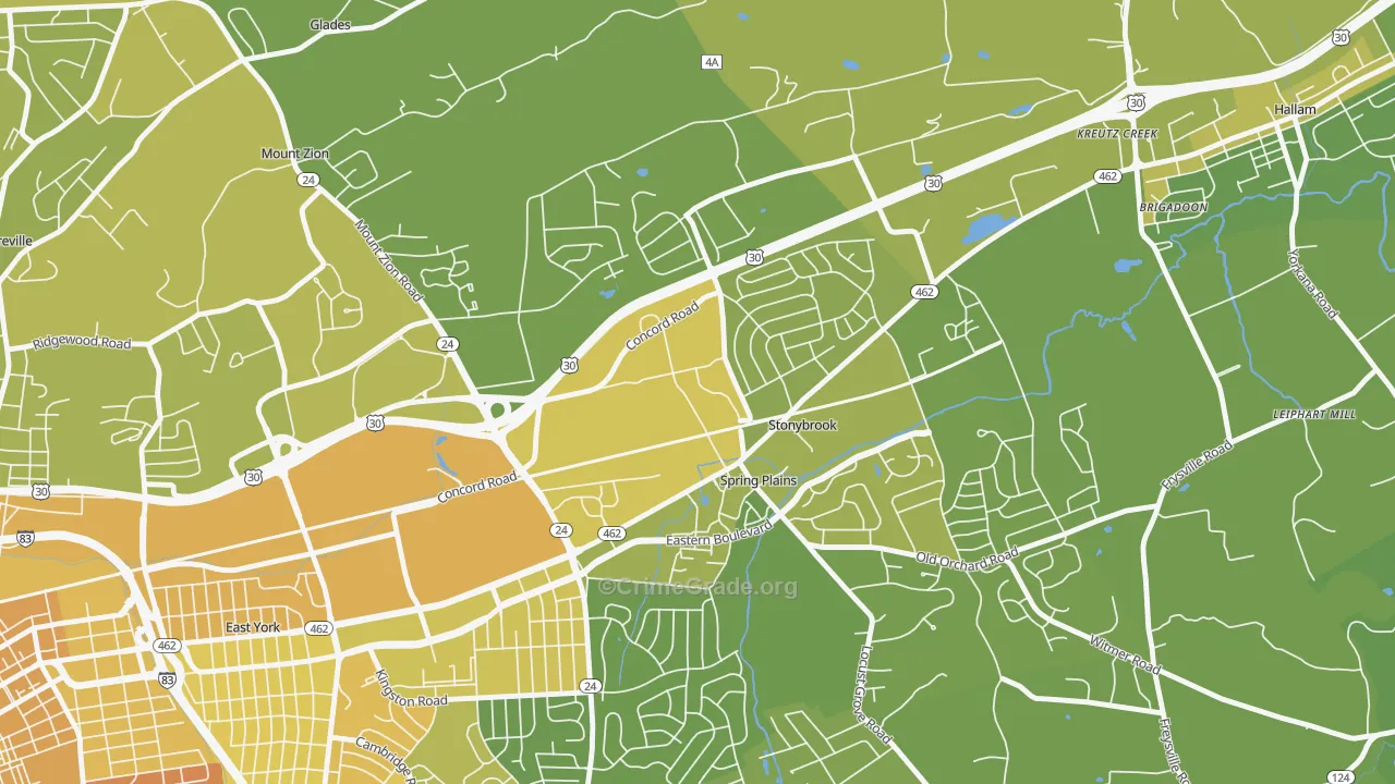 Springetts Manor-Yorklyn, York, PA Map of Vehicle Theft Rates