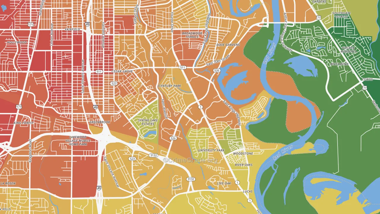 Springlake-University Terrace, Shreveport, LA Map of Vehicle Theft Rates