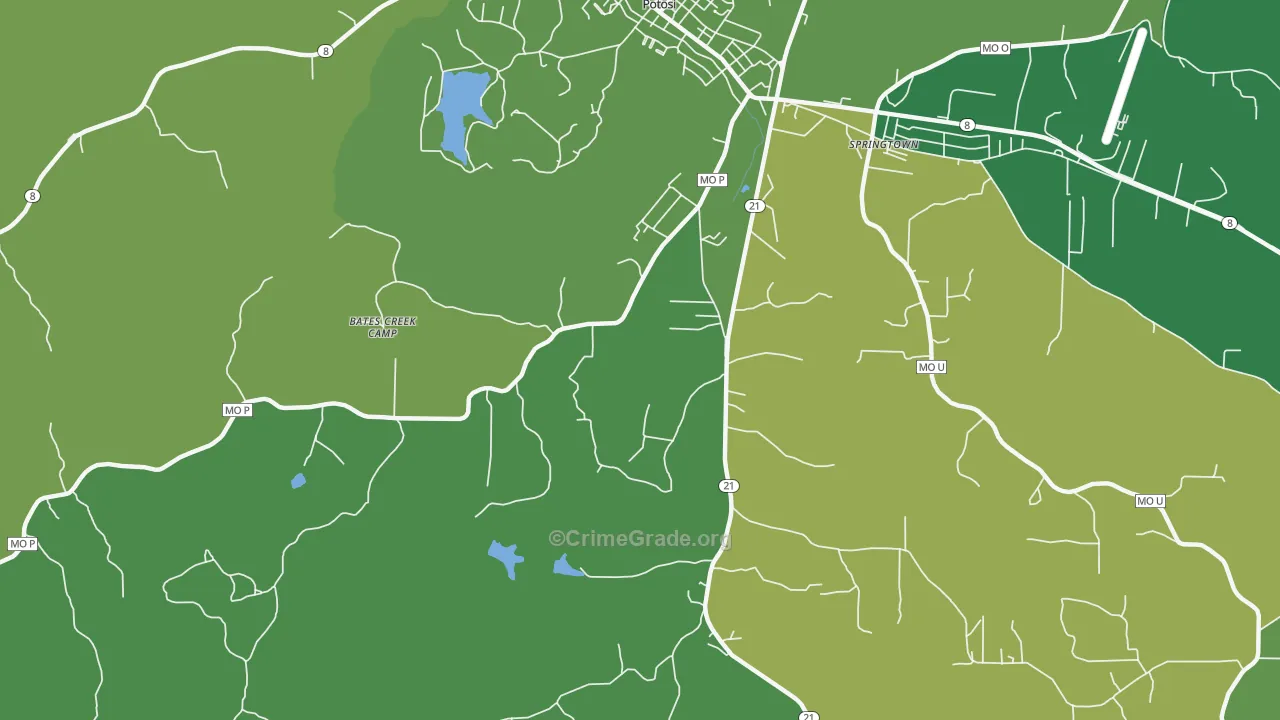 Springtown, MO Map of Vehicle Theft Rates