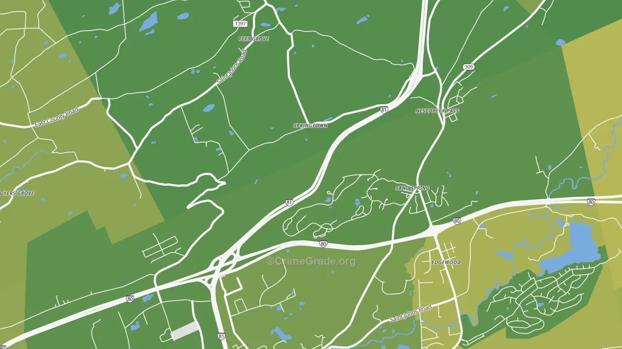 Springtown, PA Map of Vehicle Theft Rates