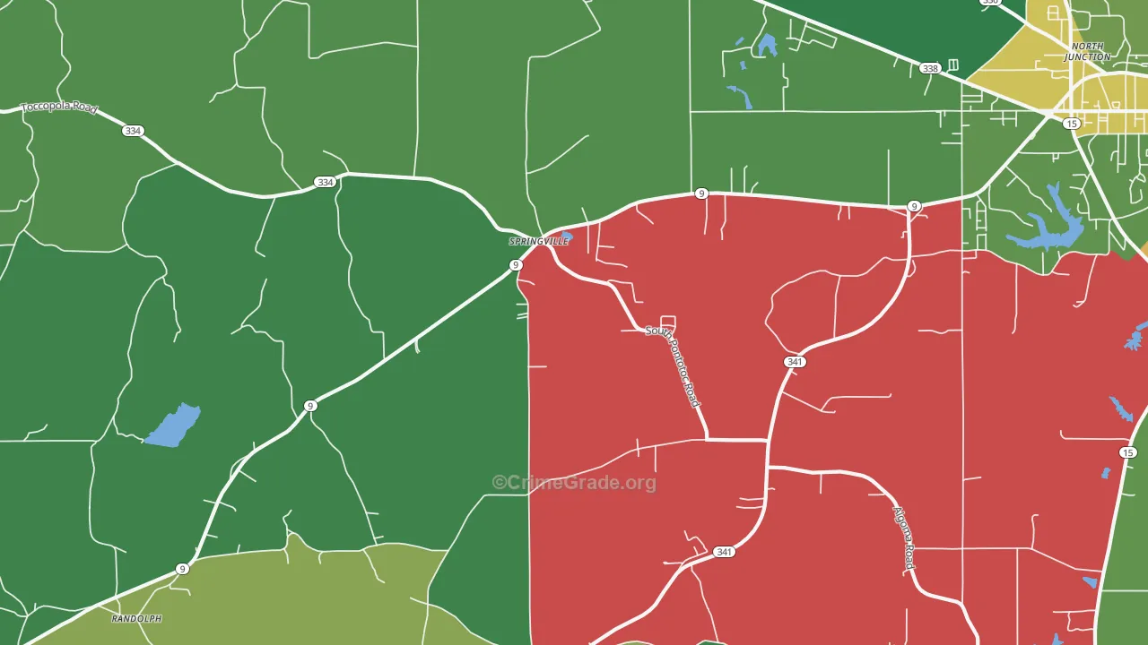 Springville, MS Map of Vehicle Theft Rates