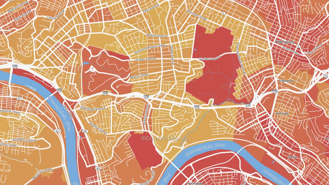 Squirrel Hill South, Pittsburgh, PA Map of Vehicle Theft Rates
