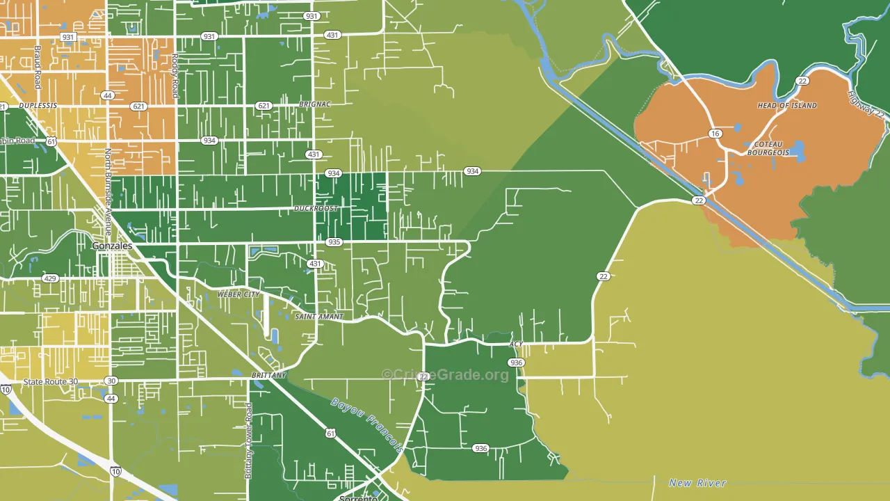 St. Amant, LA Map of Vehicle Theft Rates