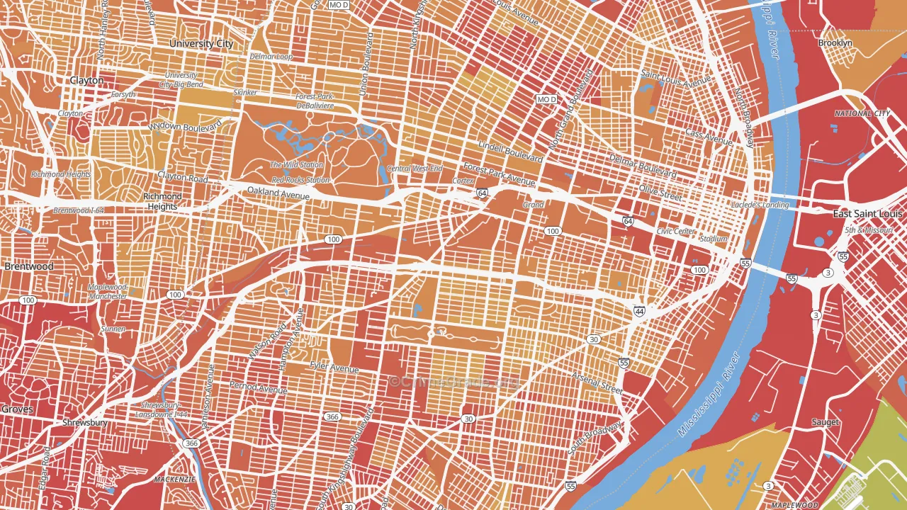 St. Louis City, MO Map of Vehicle Theft Rates