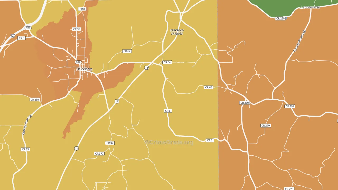 Stafford Springs, MS Map of Vehicle Theft Rates