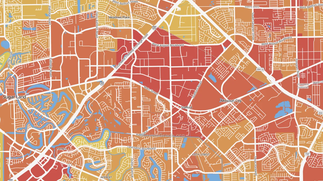 Stafford, TX Map of Vehicle Theft Rates