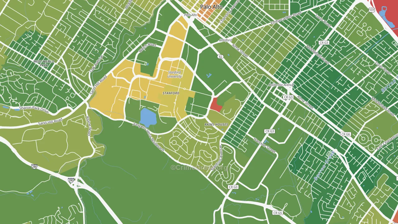 Stanford, CA Map of Vehicle Theft Rates