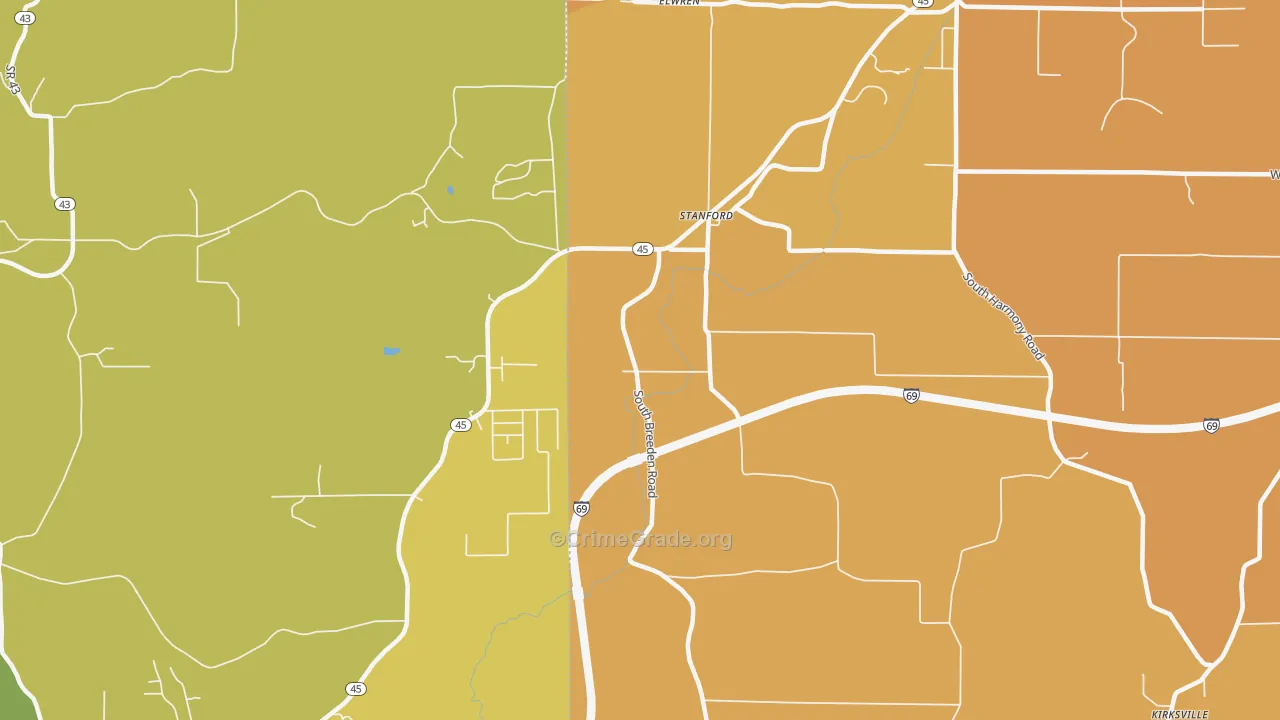 Stanford, IN Map of Vehicle Theft Rates