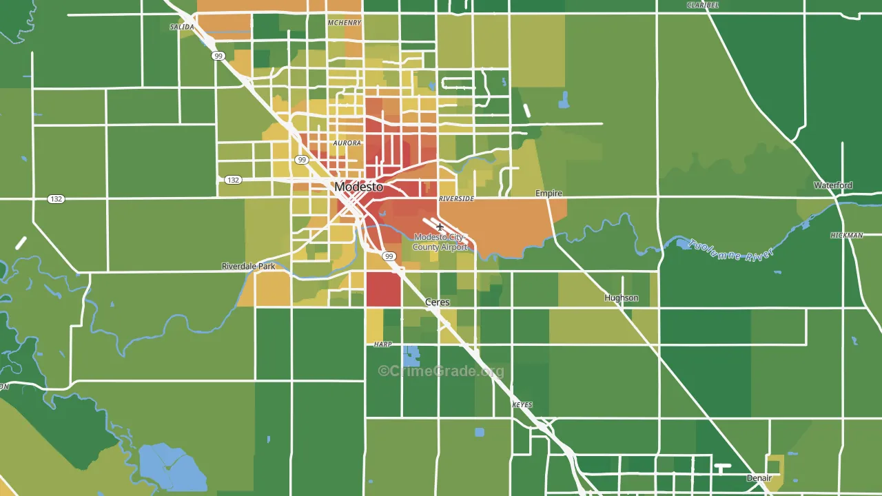 Stanislaus County, CA Map of Vehicle Theft Rates