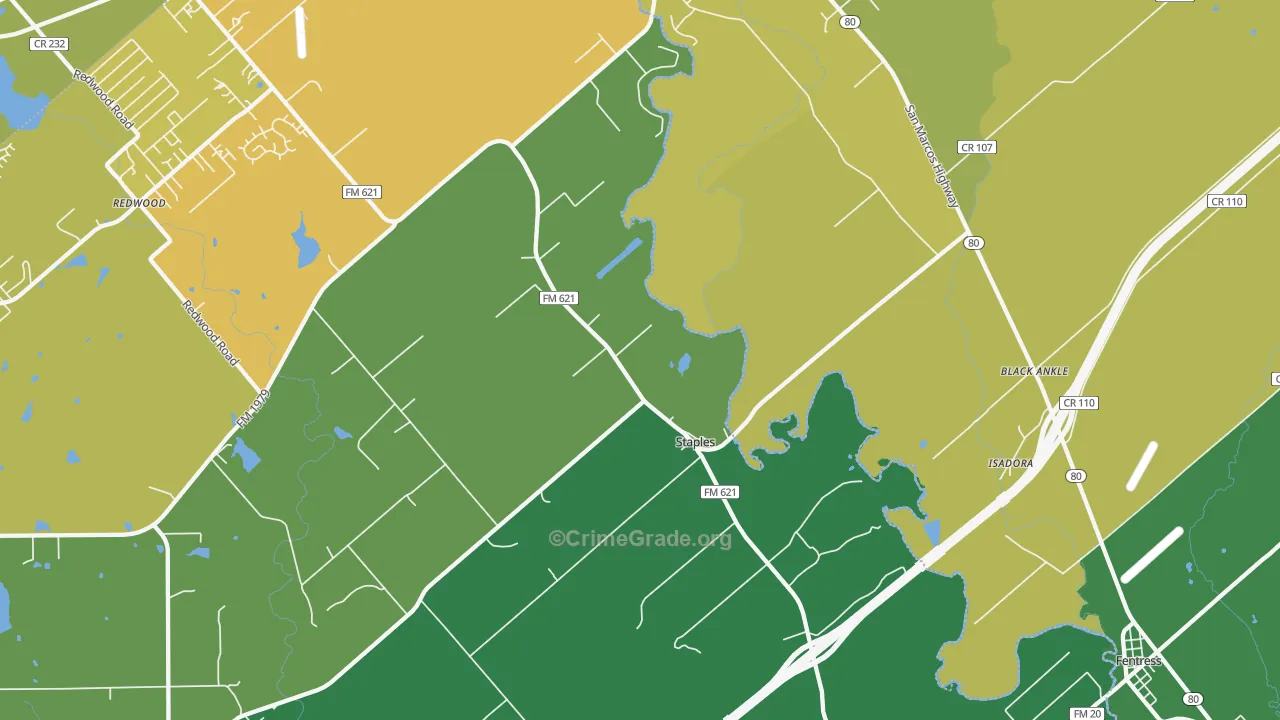 Staples, TX Map of Vehicle Theft Rates