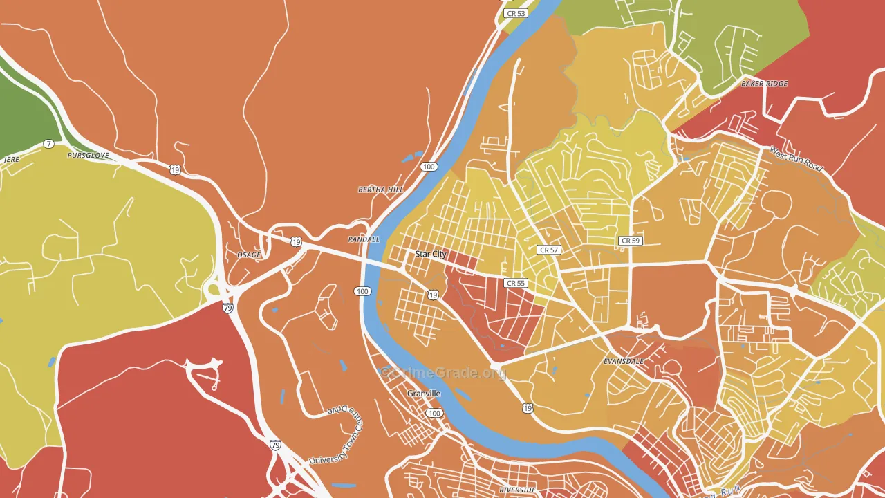 Star City, WV Map of Vehicle Theft Rates