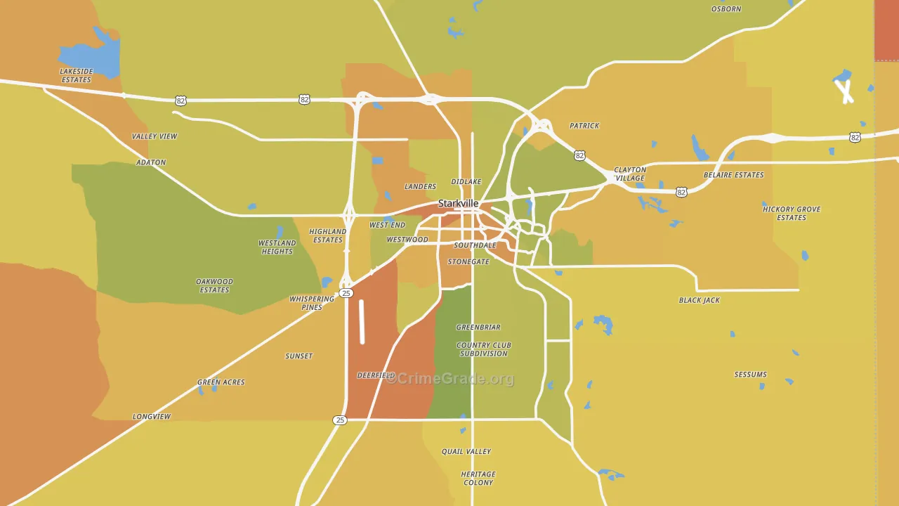 Starkville, MS Map of Vehicle Theft Rates